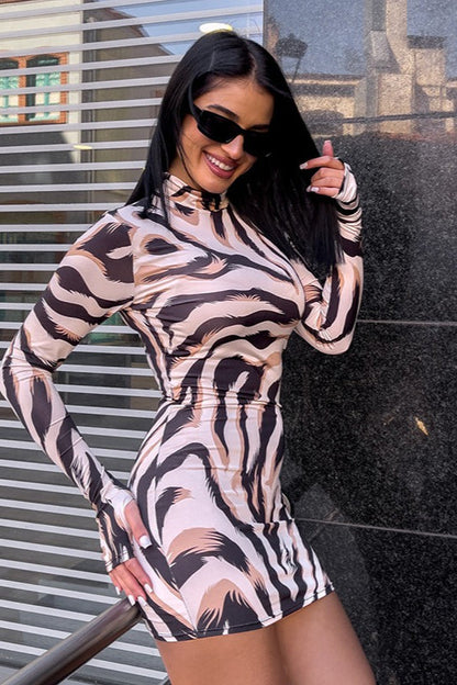Abstract Print Mock Neck Thumbhole Sleeve Bodycon Mini Dress