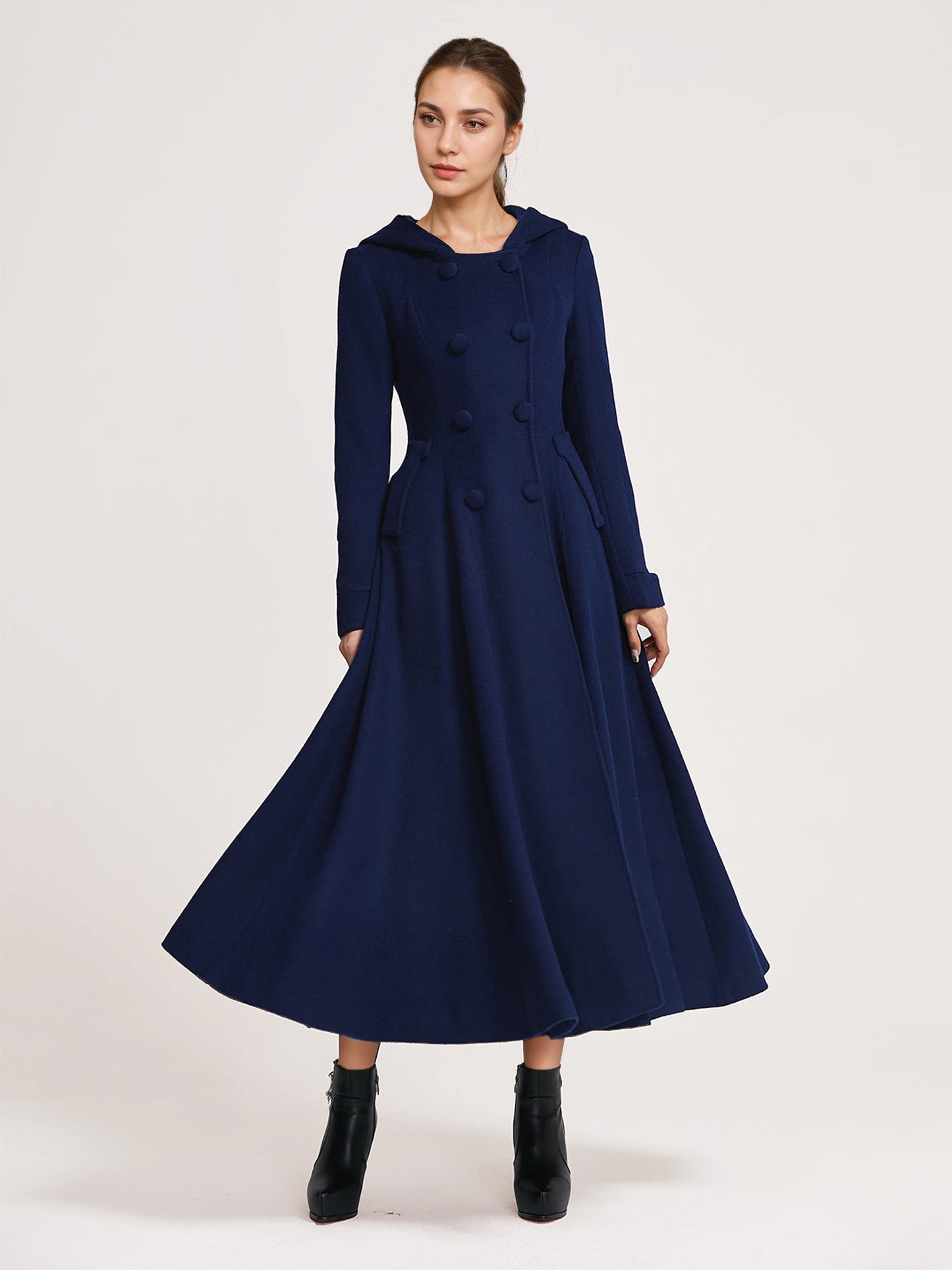 Woolen Flared Coat With Hood Dark Navy Double-breasted Elegant A-line Winter Long Outerwear For Women 2026
