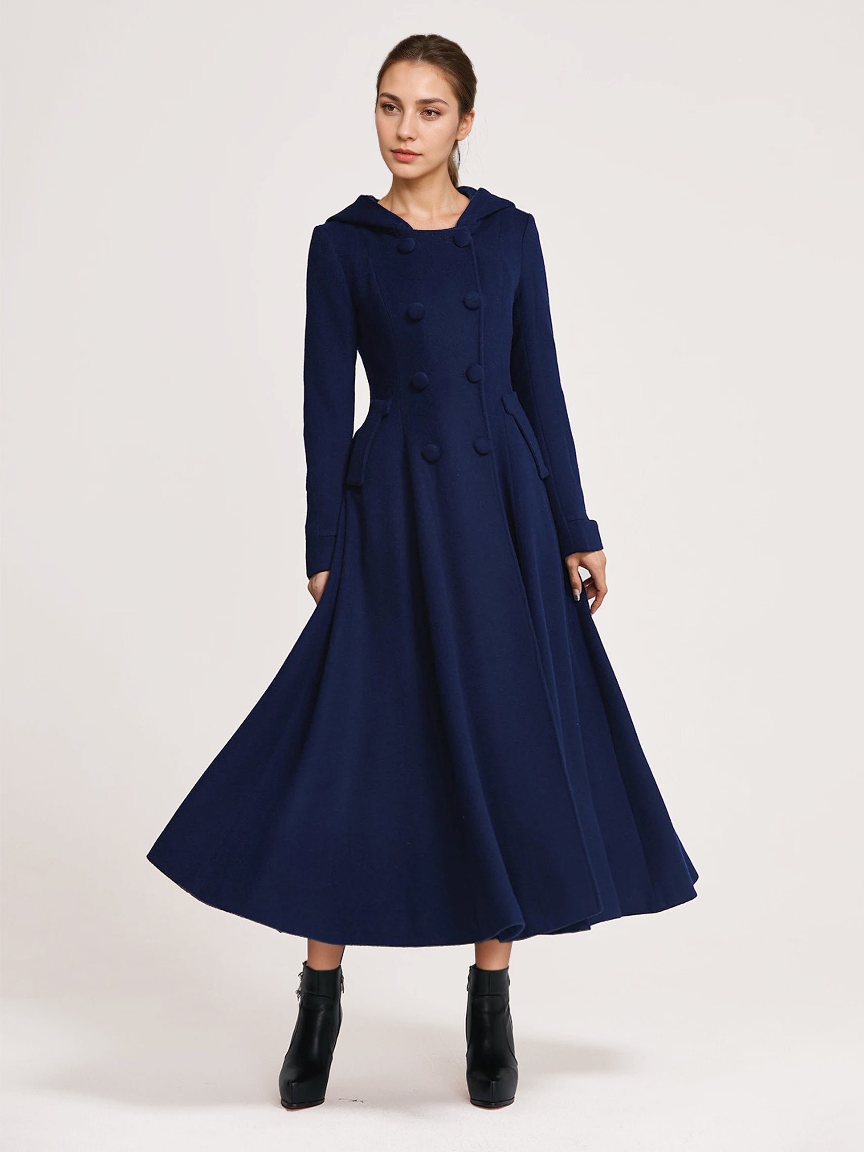 Woolen Flared Coat With Hood Dark Navy Double-breasted Elegant A-line Winter Long Outerwear For Women 2026