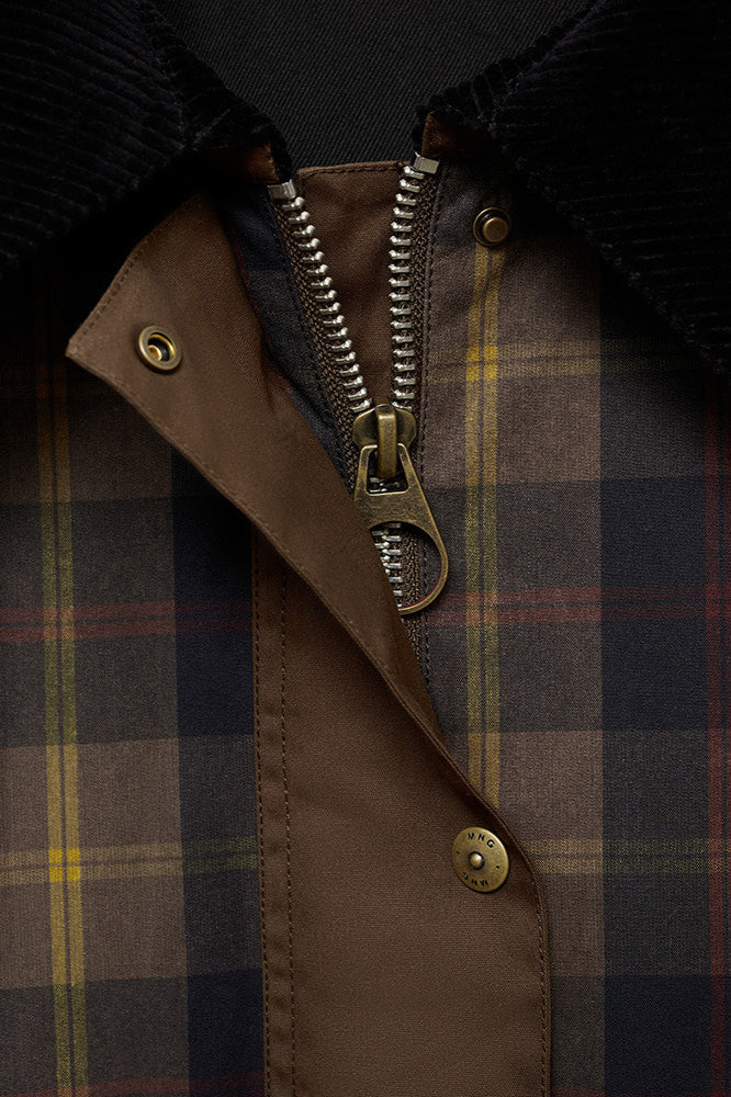 Plaid Faux Fur Collar Zip Decorative Button Coat