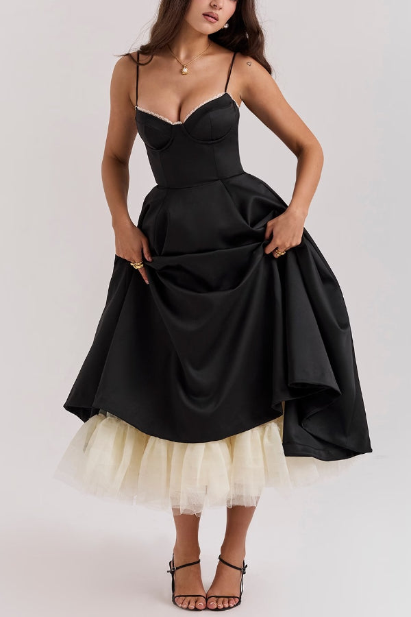 Lace Trim Sweetheart Corset Bodice Tulle Petticoat Fit and Flare Midi Dress
