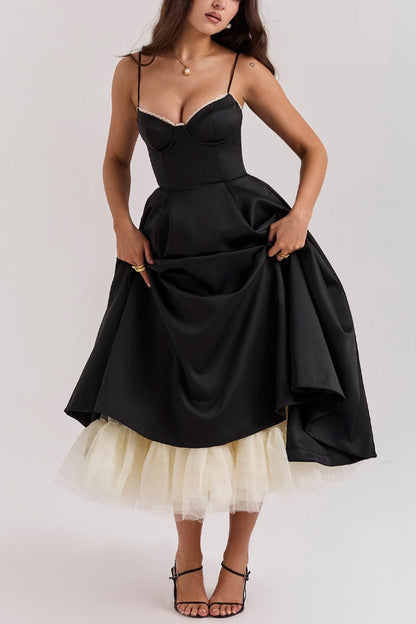 Lace Trim Sweetheart Corset Bodice Tulle Petticoat Fit and Flare Midi Dress