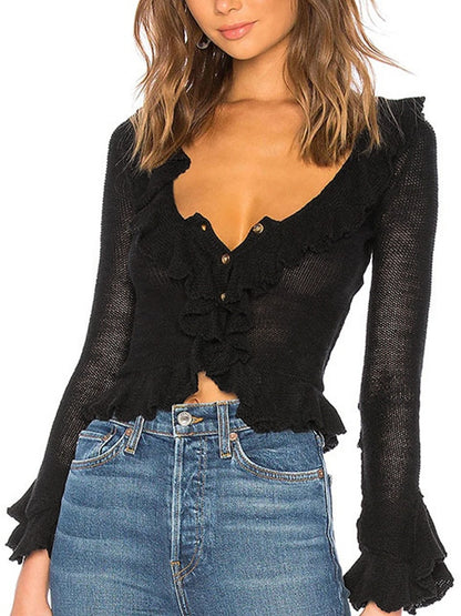 Solid V Neck Ruffle Long Sleeve Knit