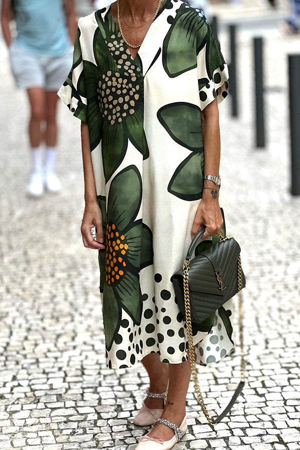 Green flower v-neck short-sleeved loose dress