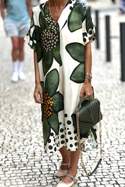 Green flower v-neck short-sleeved loose dress