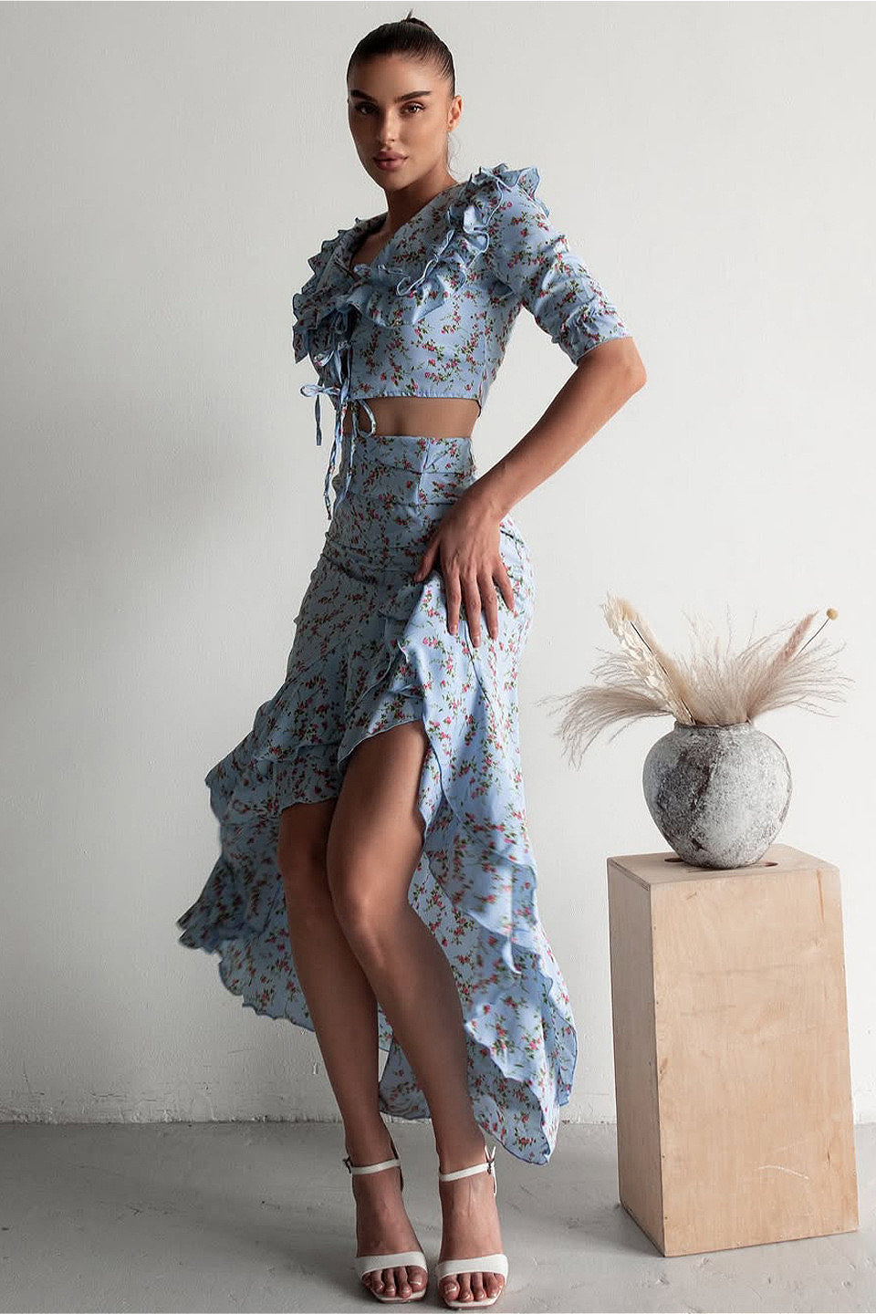 Floral Light Blue Ruffled Split Midi Skirt Two Piece Set