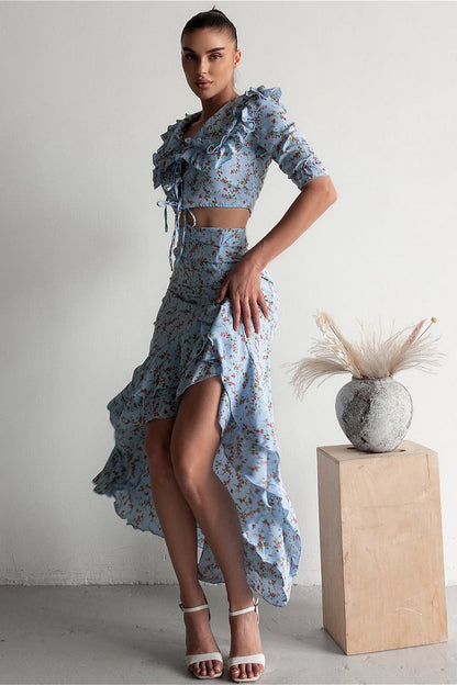 Floral Light Blue Ruffled Split Midi Skirt Two Piece Set