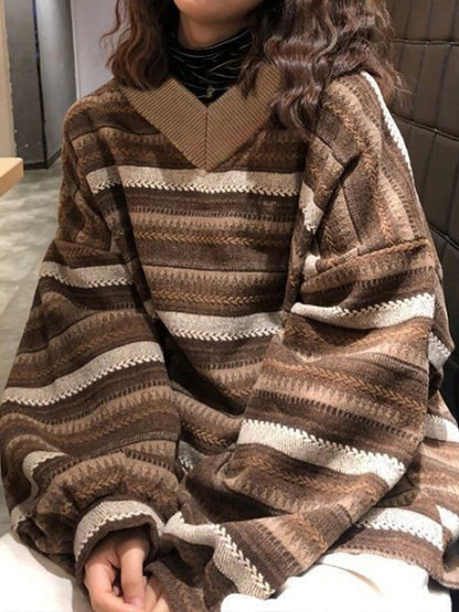 V Neck Striped Knit Sweater