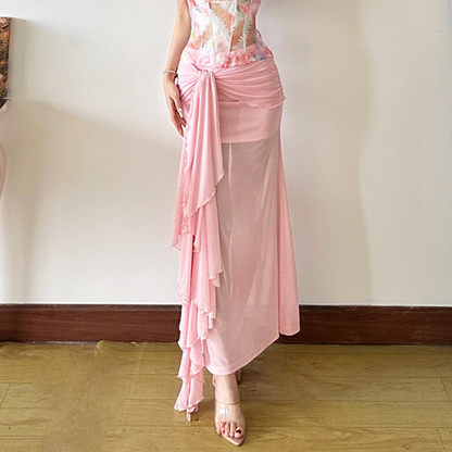 Ruched mesh ruffle irregular midi skirt