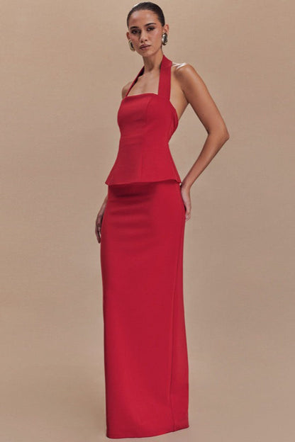 Solid Halter Backless Maxi Formal Dress