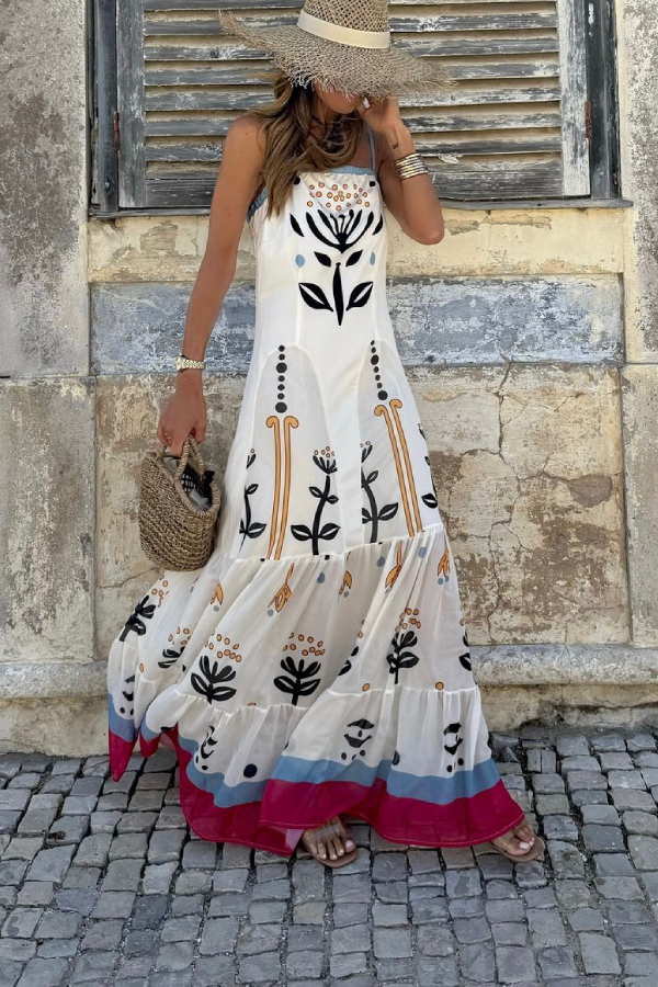 White Flat Collar Printed Patchwork Hem Loose Suspender Dress