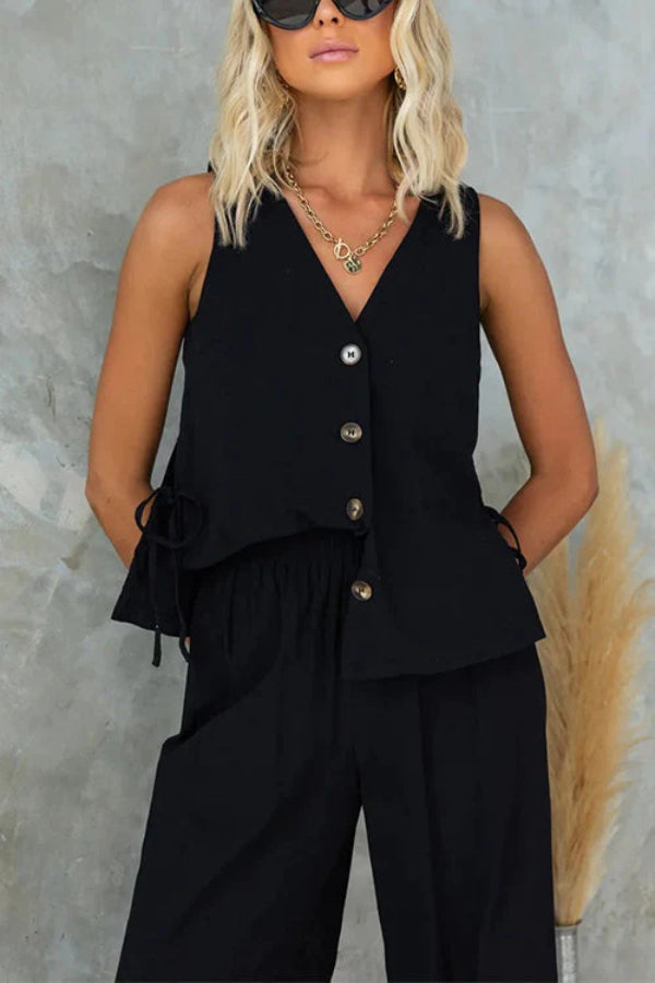 Side Split Button Up Sleeveless Top and Wide Leg Pants Set
