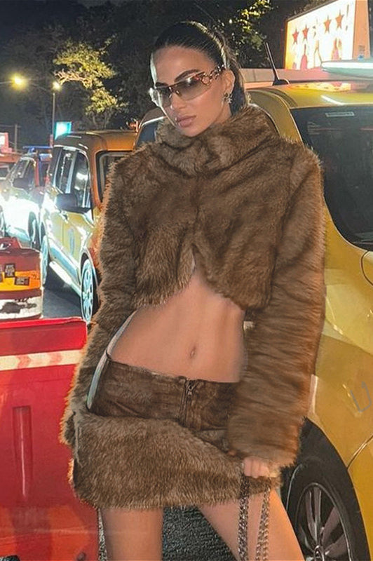 Furry Retro Crop Top Skirt Fox Fur Two Piece Set