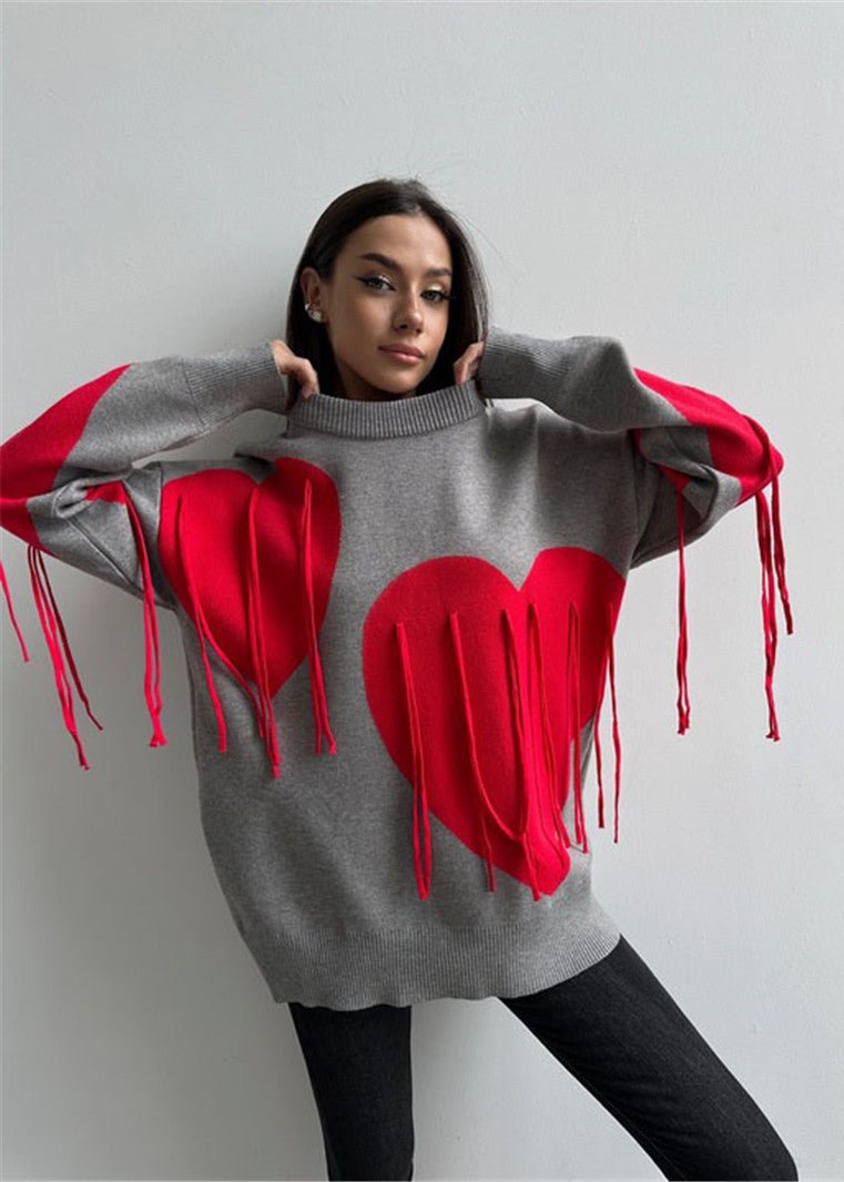 Stylish Red and Blue Heart Pullover - Fun and Flirty
