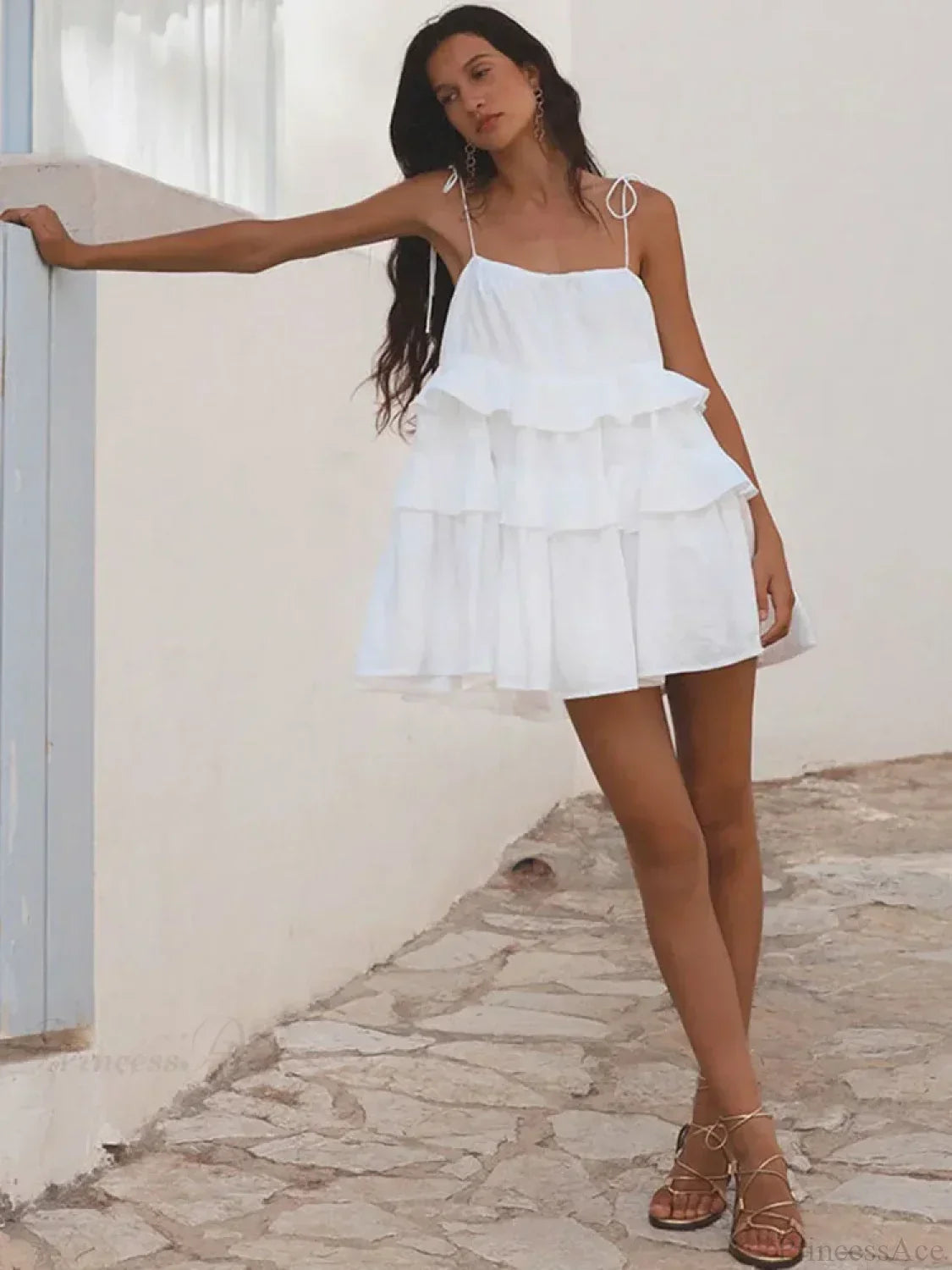 Tie Shoulder Spaghetti Strap Tiered Ruffle Trapeze Mini Dress