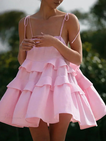 Tie Shoulder Spaghetti Strap Tiered Ruffle Trapeze Mini Dress