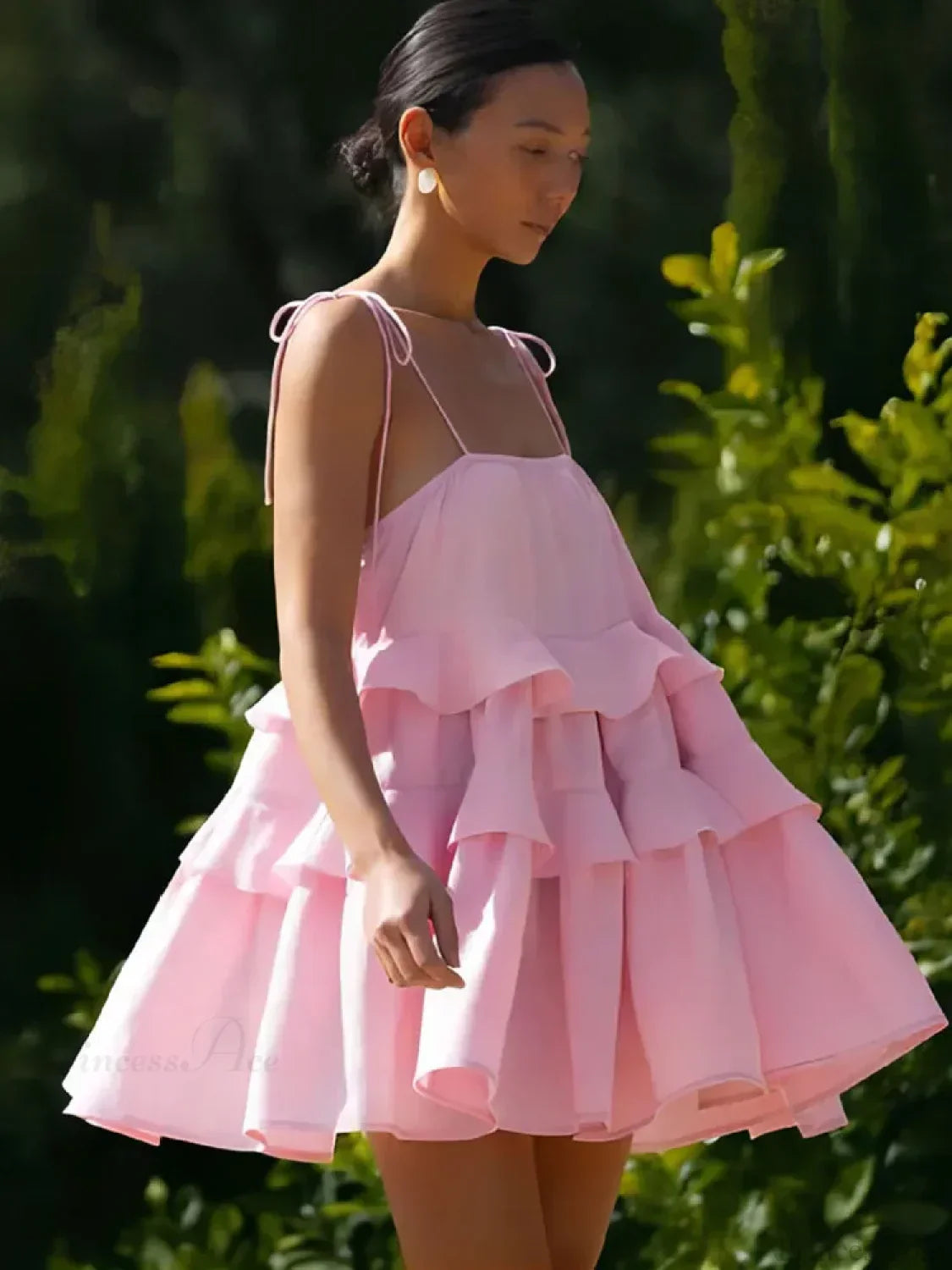 Tie Shoulder Spaghetti Strap Tiered Ruffle Trapeze Mini Dress