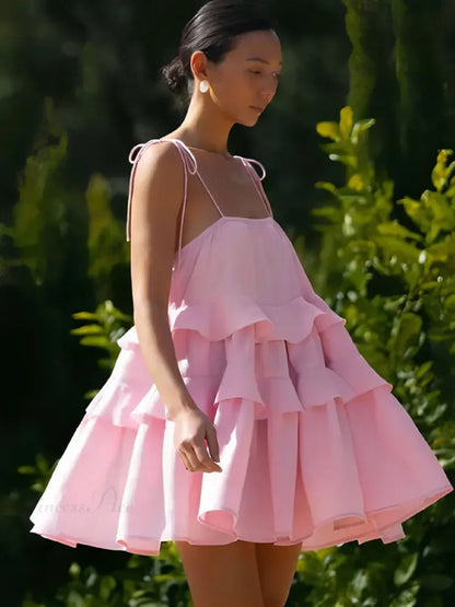 Tie Shoulder Spaghetti Strap Tiered Ruffle Trapeze Mini Dress