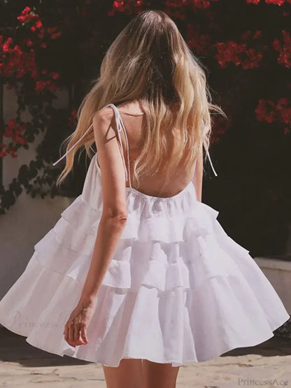 Tie Shoulder Spaghetti Strap Tiered Ruffle Trapeze Mini Dress