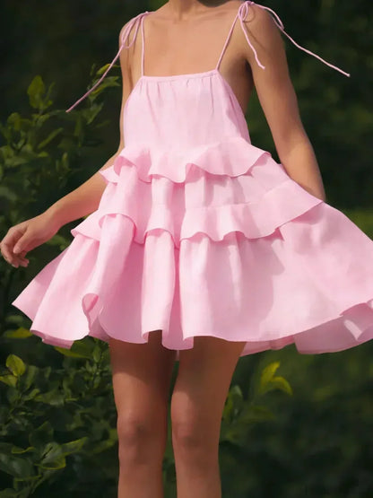 Tie Shoulder Spaghetti Strap Tiered Ruffle Trapeze Mini Dress