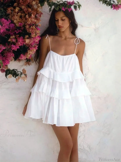 Tie Shoulder Spaghetti Strap Tiered Ruffle Trapeze Mini Dress