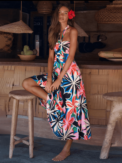 Tropical Print Halter Keyhole Bodice A Line Maxi Dress