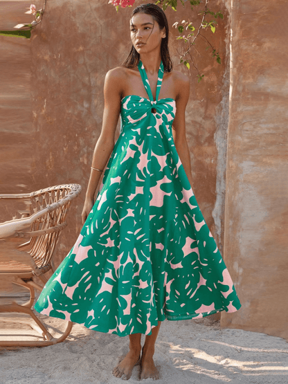 Tropical Leaf Print Halter Neck Gathered Bodice Midi Dress