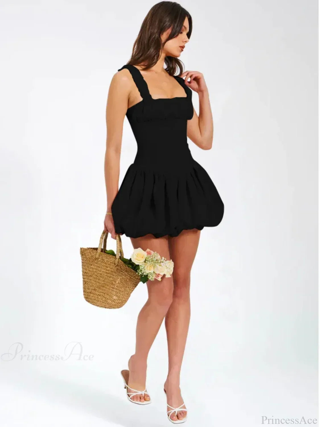 Ruffle Strap Bubble Hem Zip Front Cinched Bodice Mini Dress