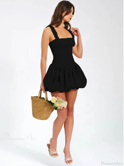 Ruffle Strap Bubble Hem Zip Front Cinched Bodice Mini Dress