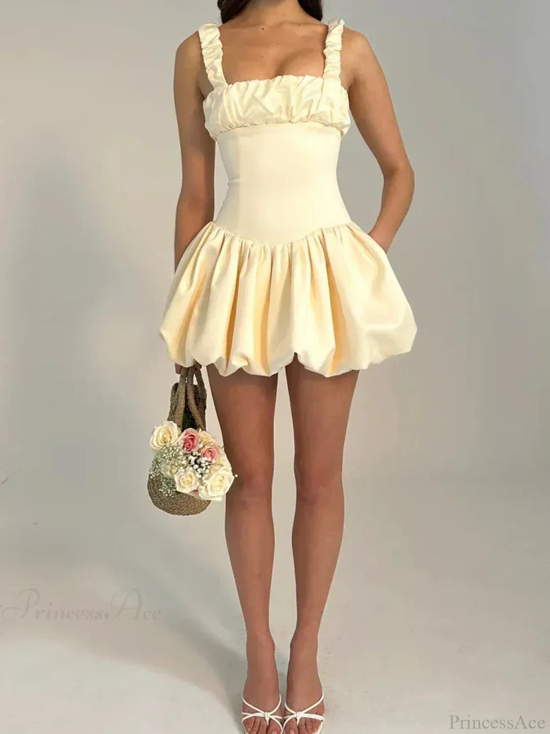 Ruffle Strap Bubble Hem Zip Front Cinched Bodice Mini Dress