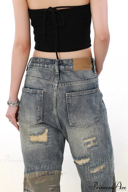 Camouflage Patchwork Distressed Wide Jeans