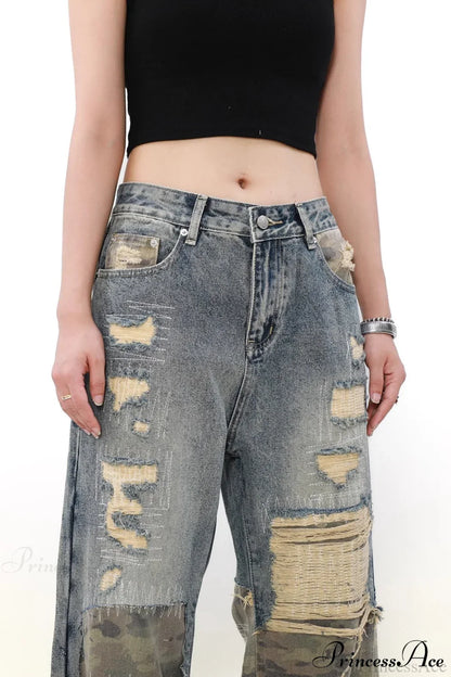 Camouflage Patchwork Distressed Wide Jeans