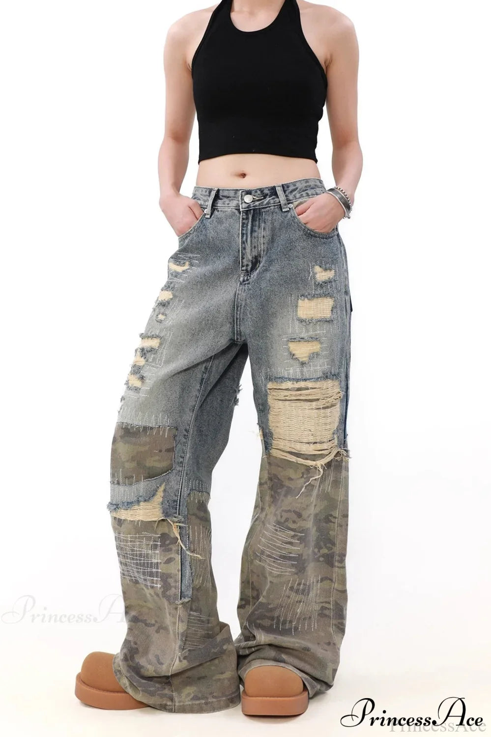 Camouflage Patchwork Distressed Wide Jeans