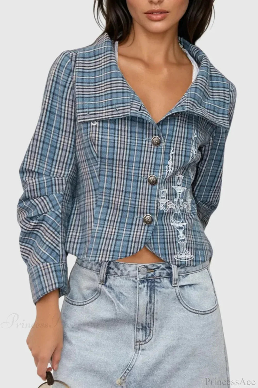 Candlestick Print Plaid Ruched Stand Collar Coat