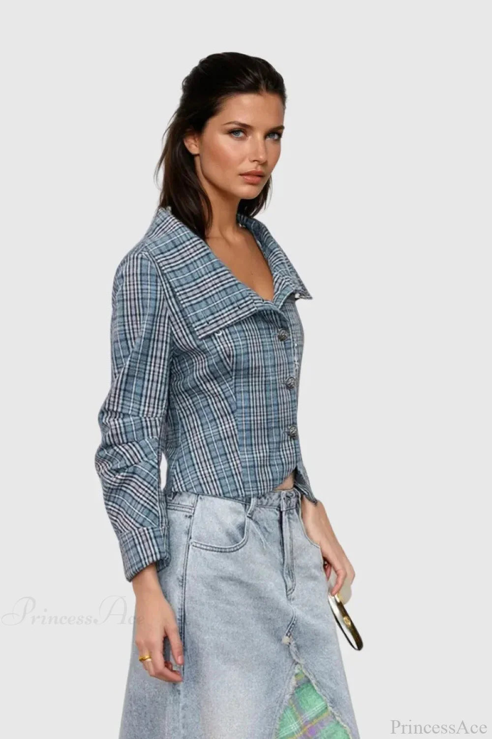 Candlestick Print Plaid Ruched Stand Collar Coat