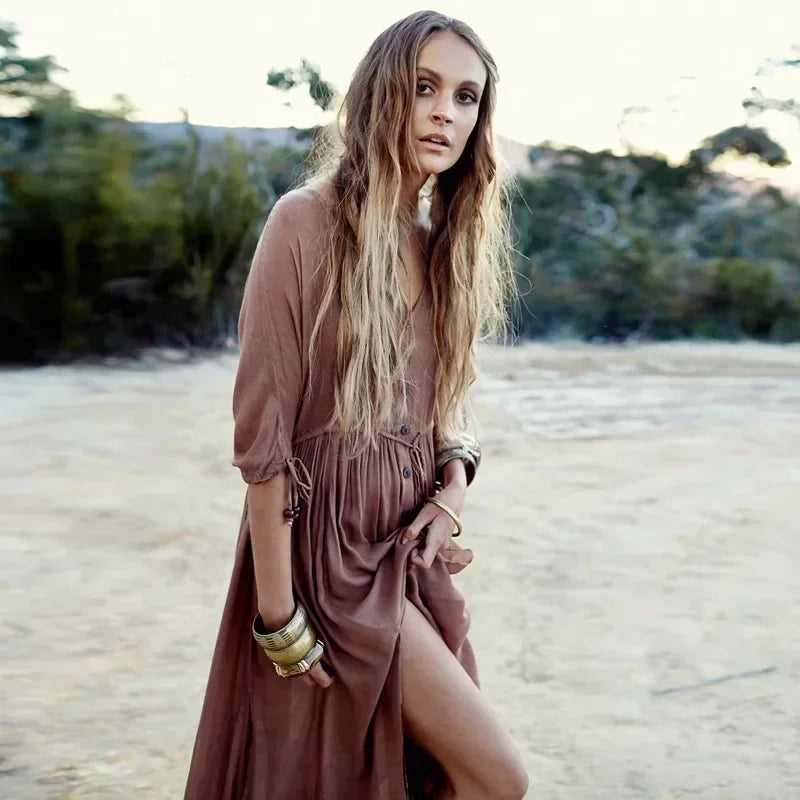 Printing Maxi Deep V Neck Stretch Boho Dress