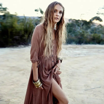 Printing Maxi Deep V Neck Stretch Boho Dress
