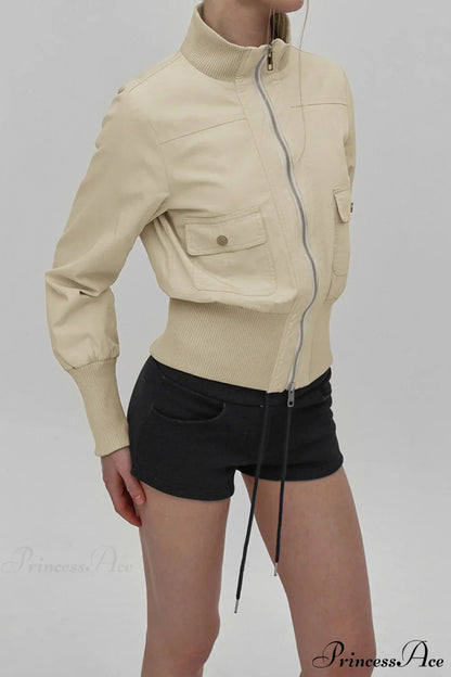 Cargo Zip Pocket Stand Collar Waist Casual Jacket