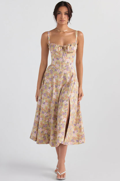 Floral Lace Up Back Spaghetti Strap Corset Fit and Flare Midi Dress