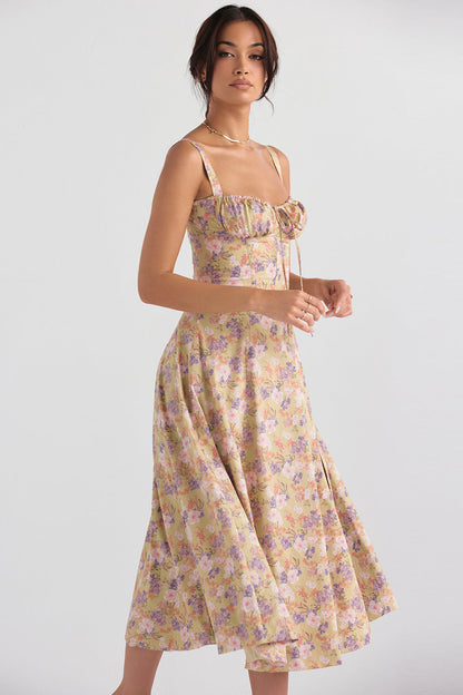 Floral Lace Up Back Spaghetti Strap Corset Fit and Flare Midi Dress