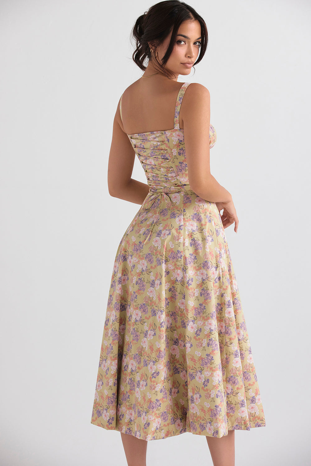 Floral Lace Up Back Spaghetti Strap Corset Fit and Flare Midi Dress