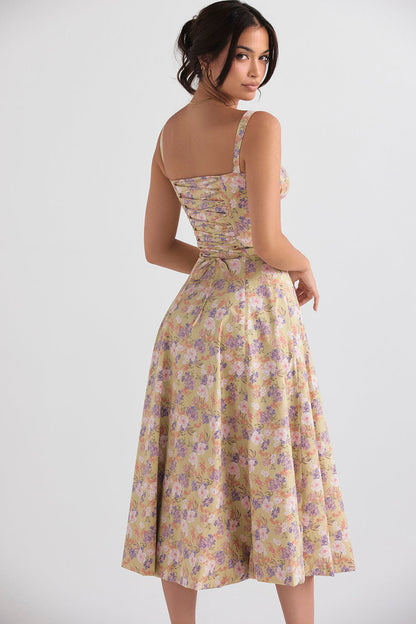 Floral Lace Up Back Spaghetti Strap Corset Fit and Flare Midi Dress