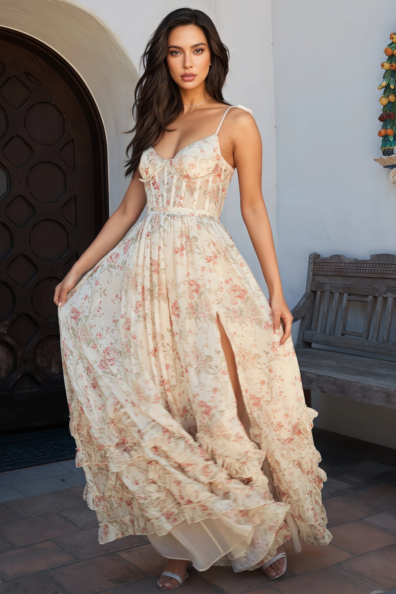Kervt Yellow Strapless Floral Maxi Dress
