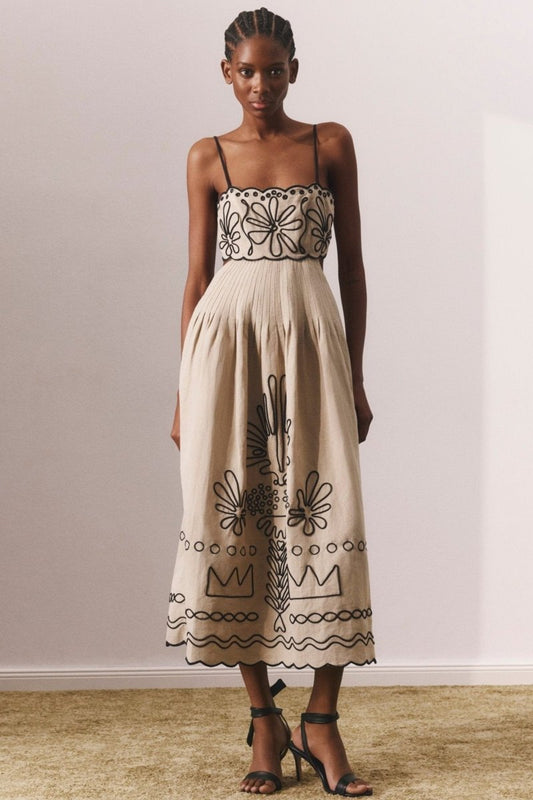 Caroline Abstract Embroidery Midi Dress