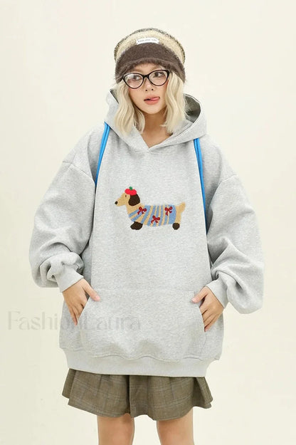 Cartoon Dog Embroidery Hooded Sweatshirt