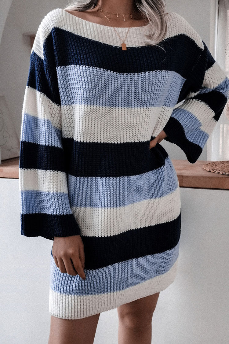 Boat Neck Contrast Striped Oversized Pullover Sweater Mini Dress