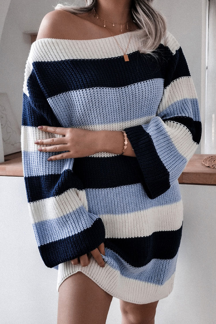 Boat Neck Contrast Striped Oversized Pullover Sweater Mini Dress