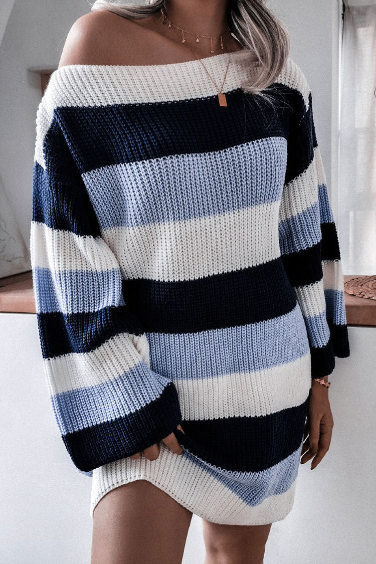 Boat Neck Contrast Striped Oversized Pullover Sweater Mini Dress