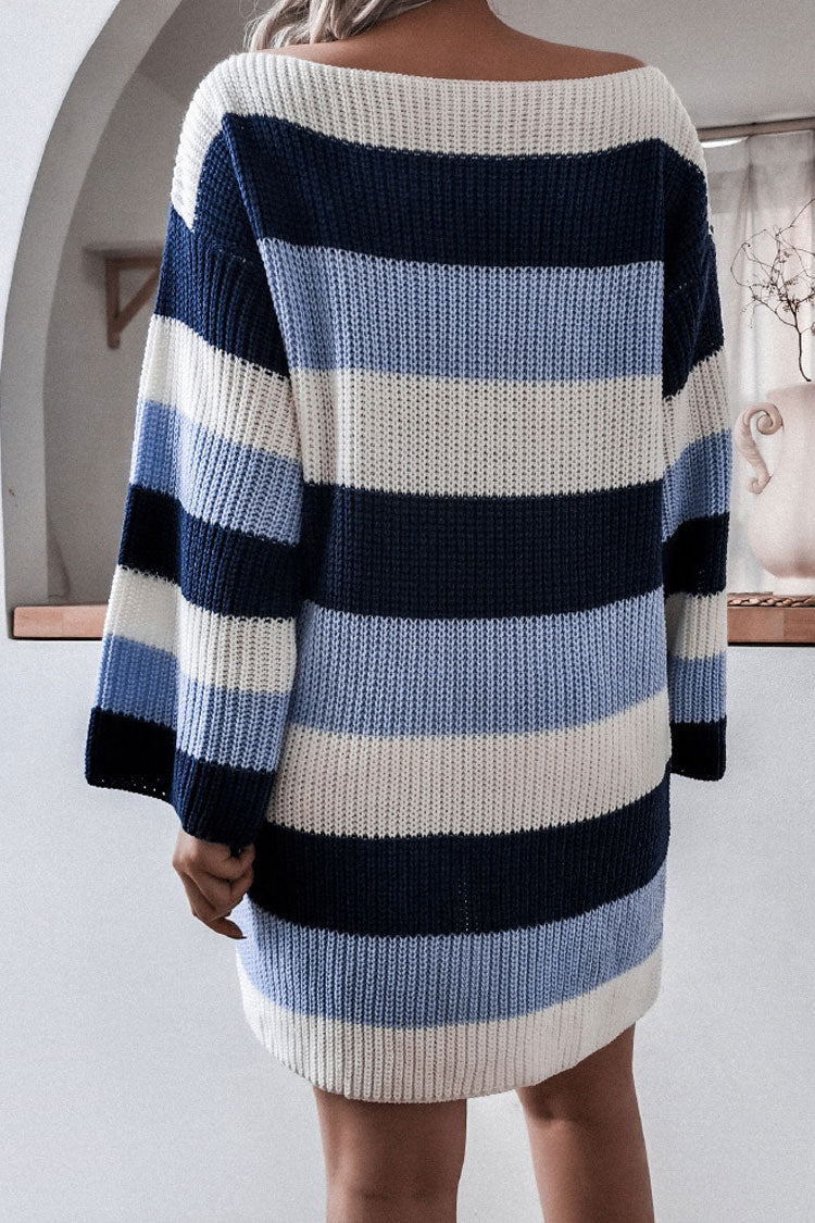 Boat Neck Contrast Striped Oversized Pullover Sweater Mini Dress