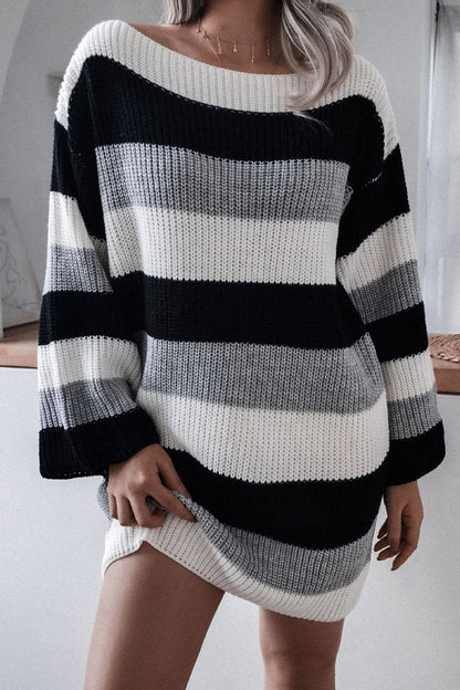 Boat Neck Contrast Striped Oversized Pullover Sweater Mini Dress